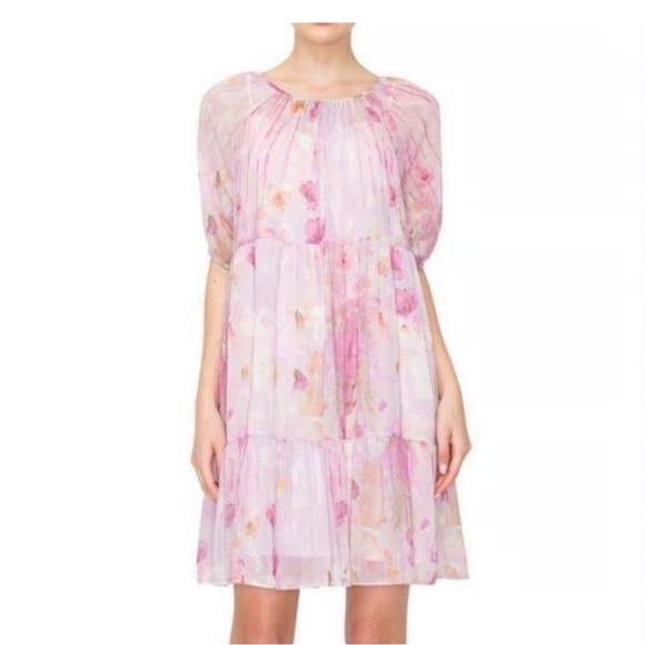 MELLODAY Pink Puff Sleeve Mini Dress (Missing inner dress) - Picture 1 of 16
